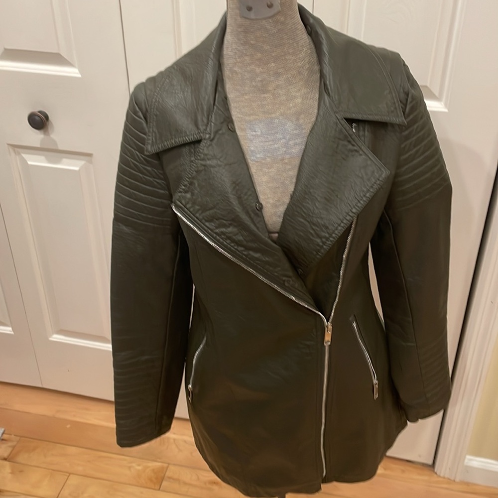 Love Token olive green vegan leather with faux fur removable collar moto jacket